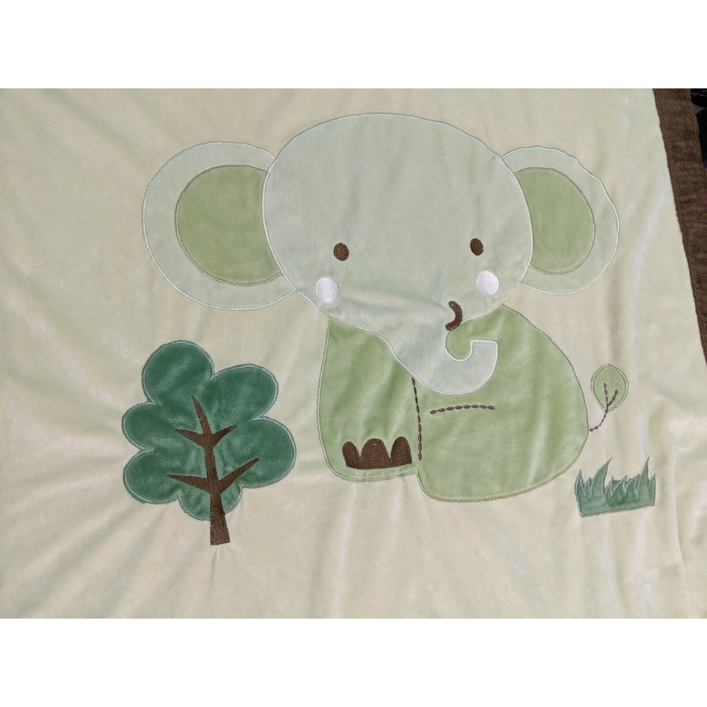 Tiddliwinks Green Elephant Brown Trim Baby Blanket About 38x30 Inch‎